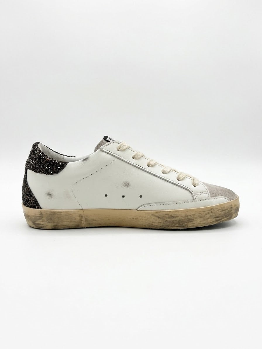Golden Goose Super-Star with silver star and brown glitter heel tab
