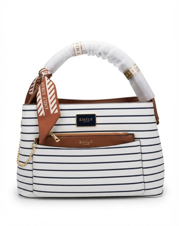 Striped Hobo Shoulder Bag Navy White with Scarf