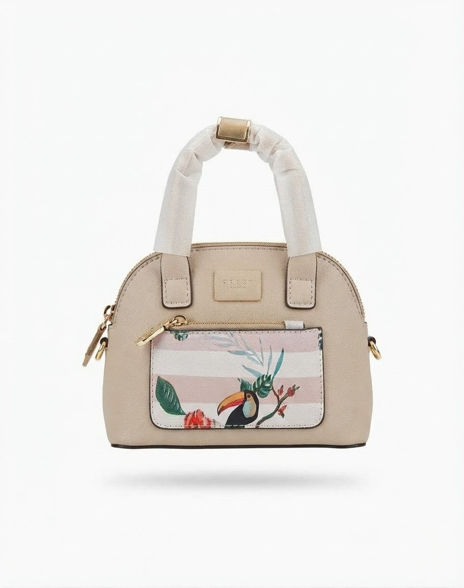 Beige Mini Dome Satchel Bird Print
