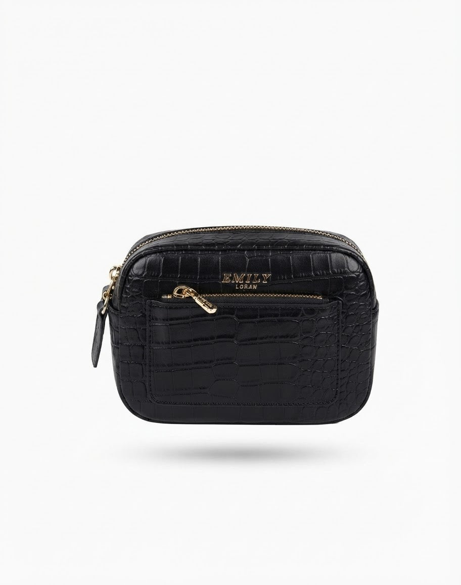 Black Croc Embossed Crossbody Bag