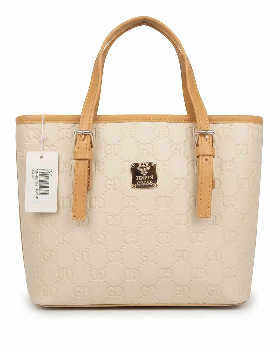 Beige Embossed Monogram Tote Bag