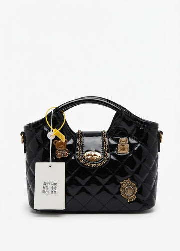 Black Patent Quilted Top-Handle Bag with Charms