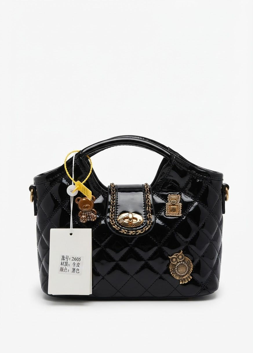 Black Patent Quilted Top-Handle Bag with Charms
