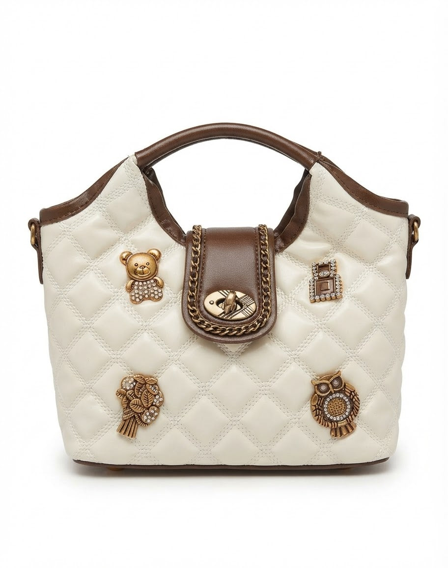 Quilted Cream Bucket Bag with Charms