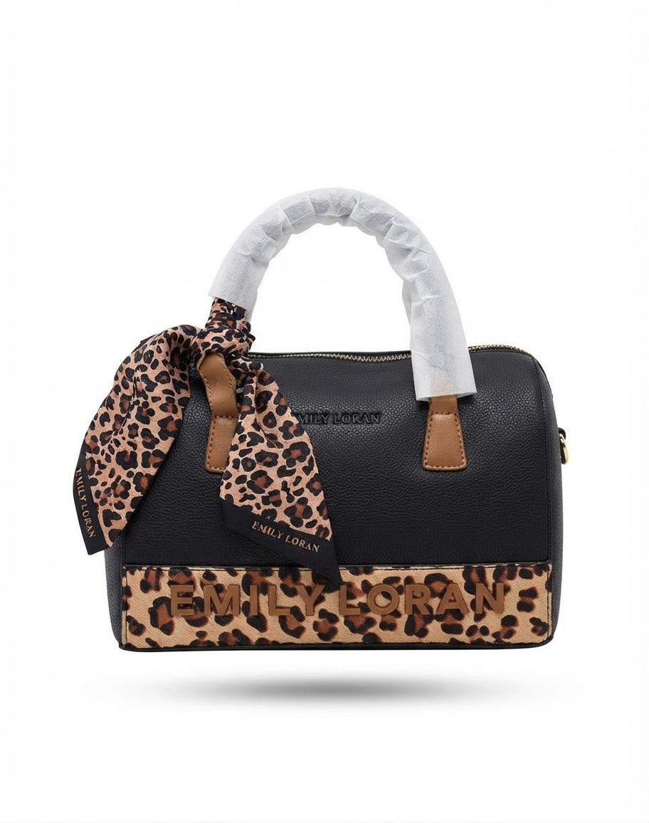Black Leopard Mini Duffle Bag with Scarf