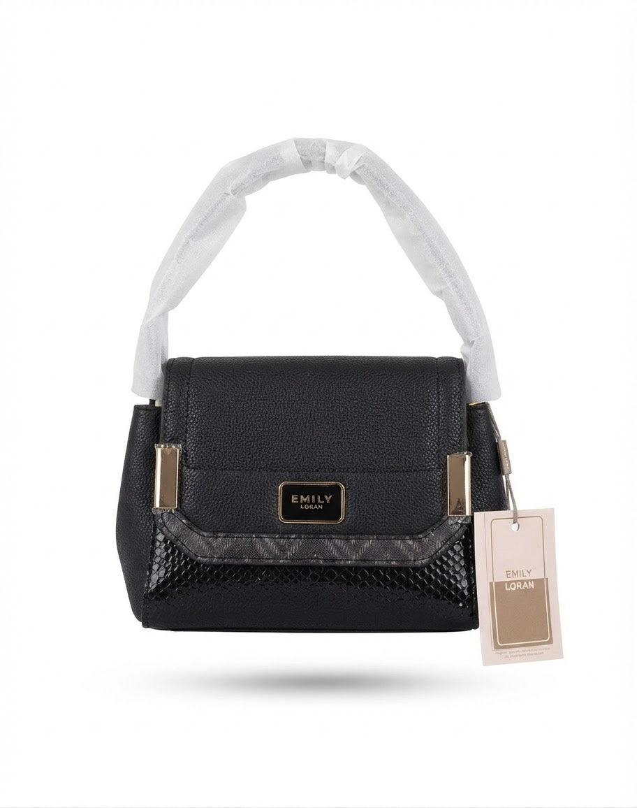 Black Flap Shoulder Bag Croc Trim