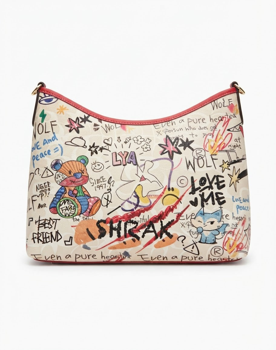 Graffiti Print Hobo Bag