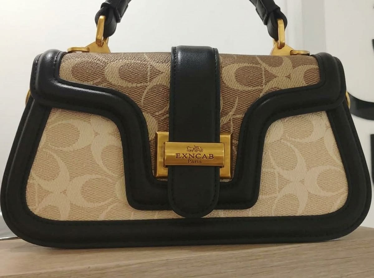 Signature Monogram Flap Top-Handle Bag Black Beige