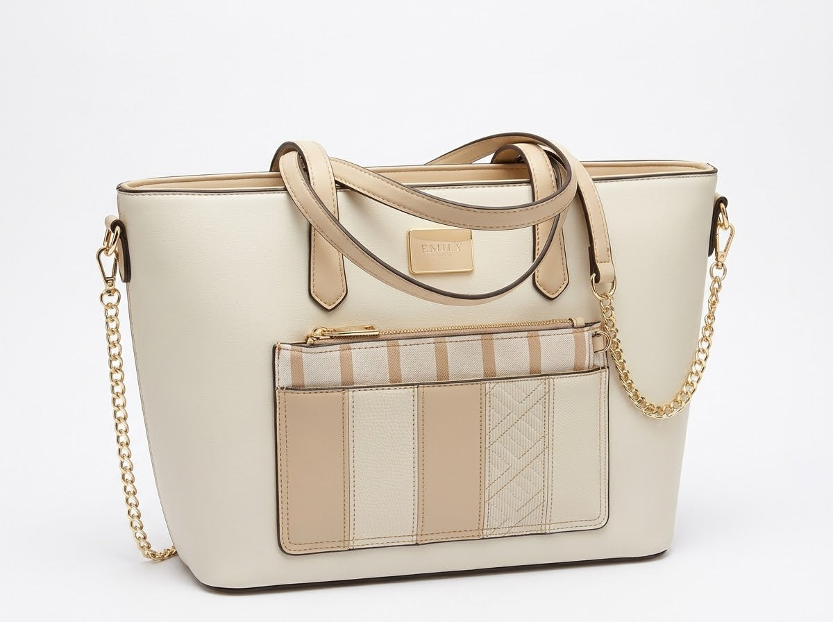 Beige Chain Tote Bag Striped Pocket