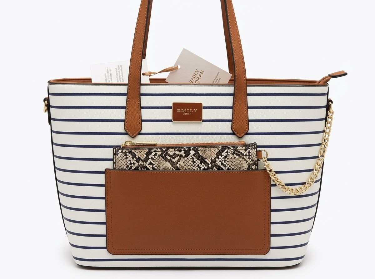 Striped Tote Bag White Navy Tan