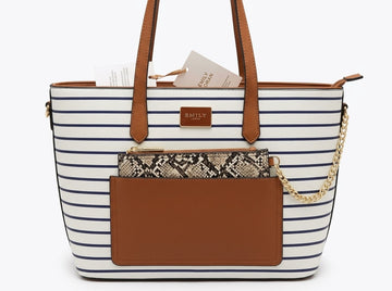 Striped Tote Bag White Navy Tan