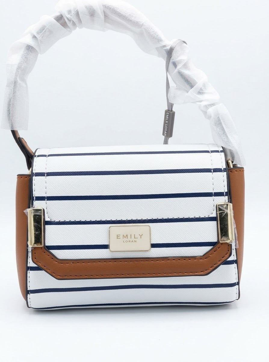 Striped Flap Shoulder Bag Navy White Tan