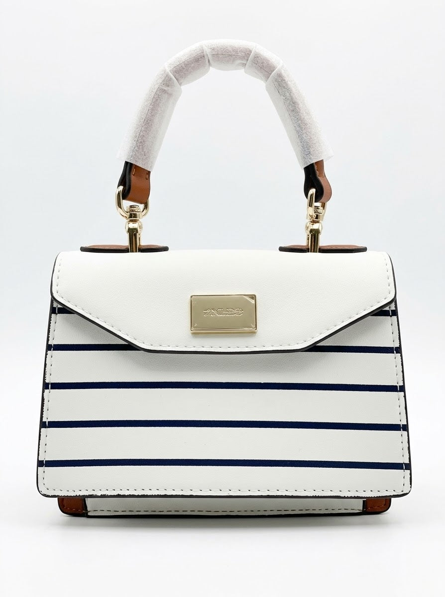 White Striped Top-Handle Flap Bag
