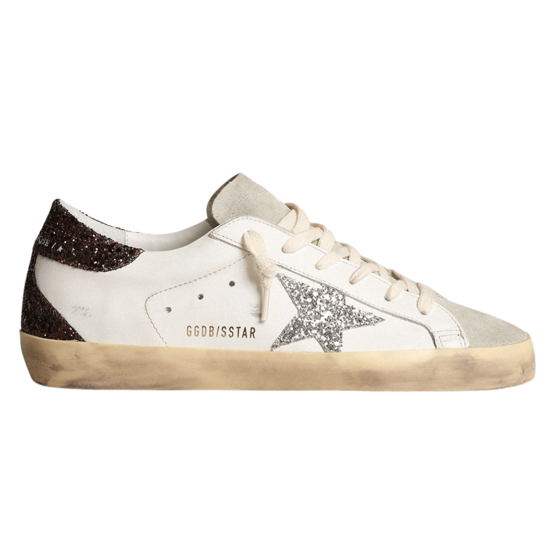 Golden Goose Super-Star with silver star and brown glitter heel tab
